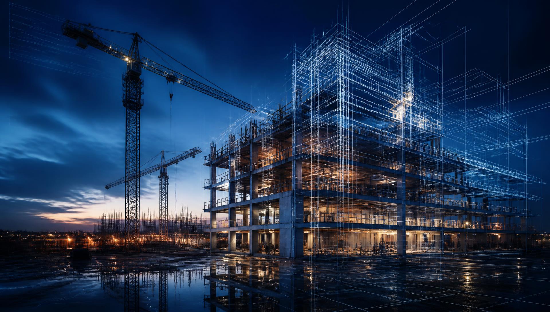 Construction site at dusk overlaid with a BIM wireframe model